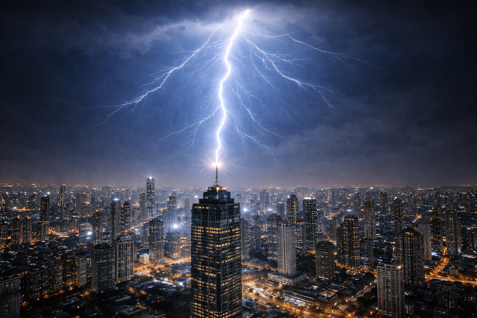 雷电击中大楼避雷针